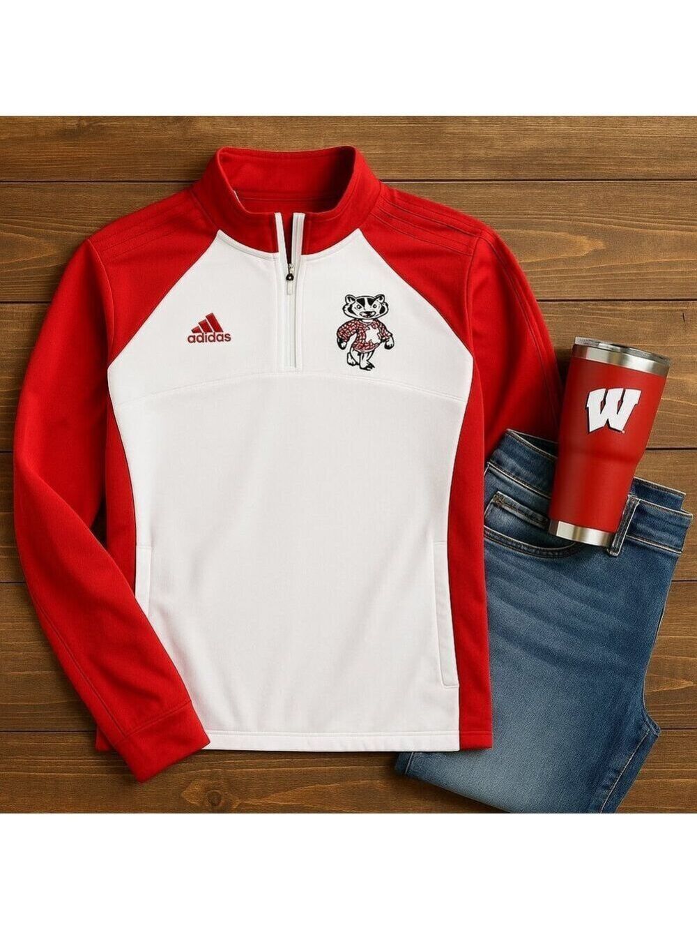 Adidas Wisconsin Badgers Women’s Red & White Quarter Zip Pullover | Size M